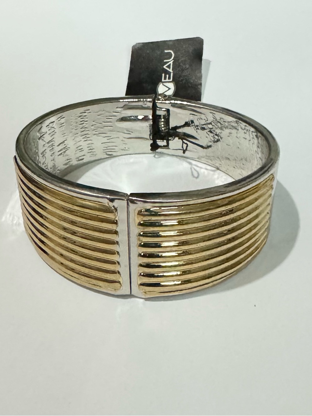 Nouveau Gold and Silver Tone Ribbed Hinged Bangle Bracelet
